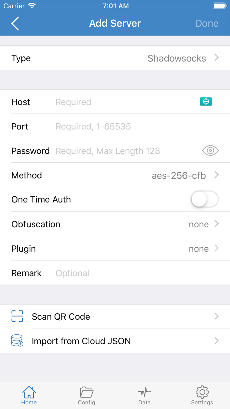 Type, Host, Port, Password, Method 등의 필드가 표시된 Shadowrocket Add Server 공식 스크린샷