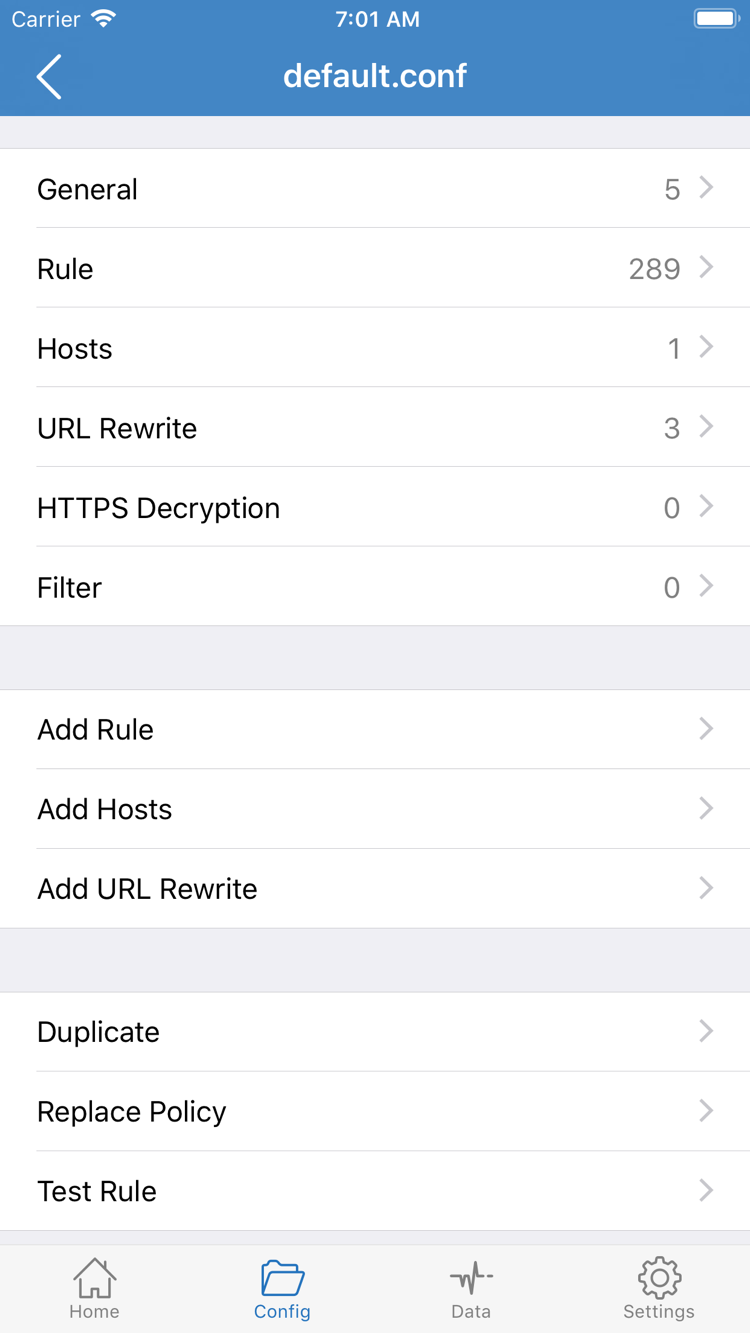 Shadowrocket Config 官方截图，显示 General、Rule、Hosts、URL Rewrite、HTTPS Decryption 与 Add Rule