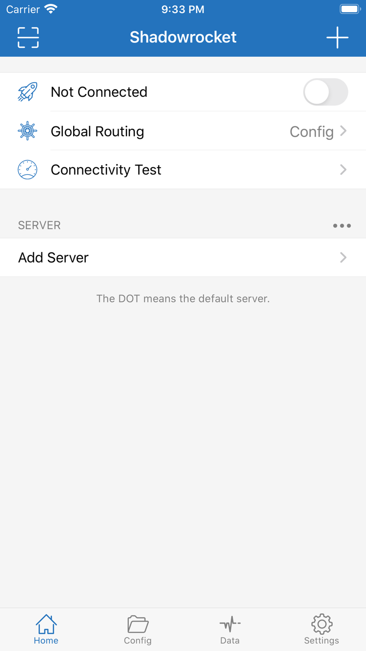 Not Connected, Global Routing, Connectivity Test, SERVER 및 Add Server가 표시된 Shadowrocket Home 공식 스크린샷