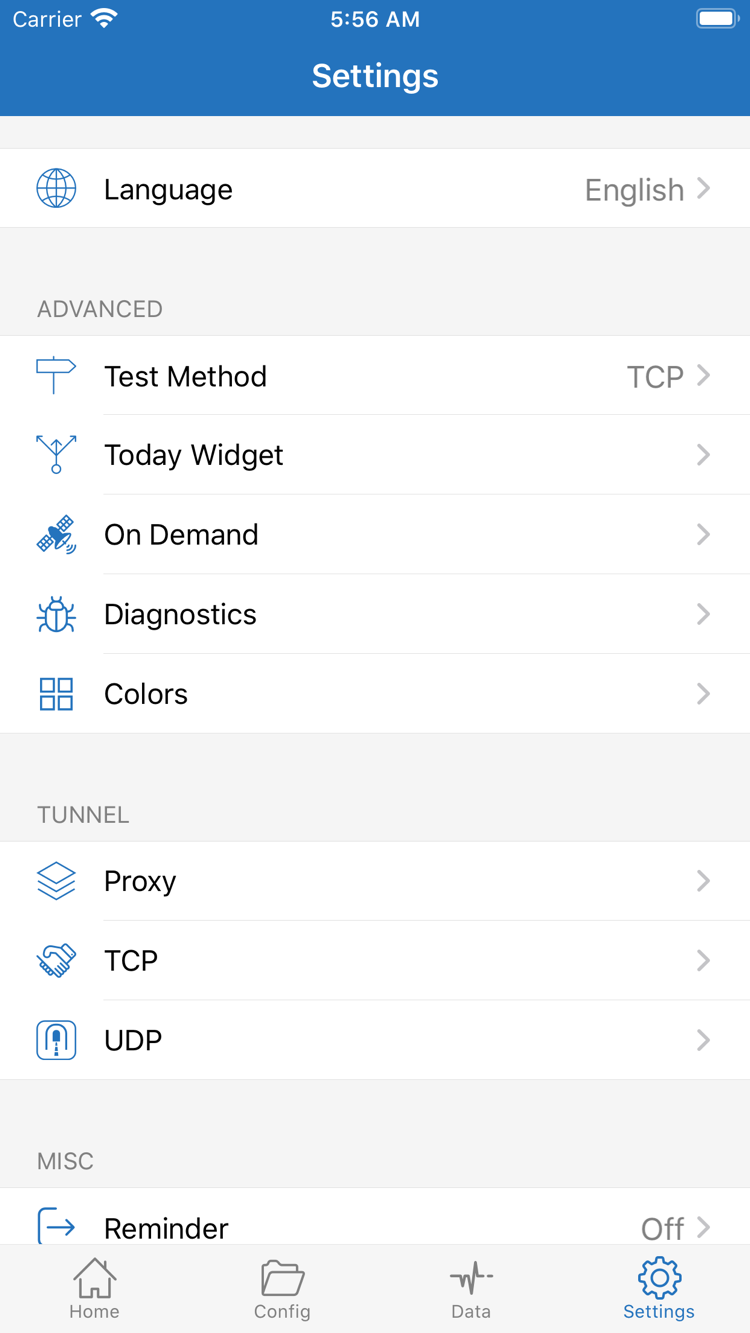 Shadowrocket Settings 官方截图，显示 Language、Test Method、Today Widget、On Demand、Diagnostics、Proxy、TCP 与 UDP